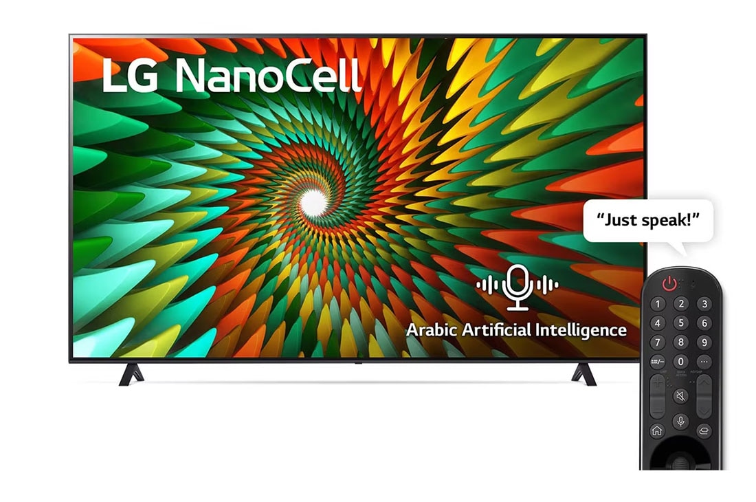 LG, Nanocell TV, 65 inch NANO77R series, WebOS Smart AI ThinQ, Magic Remote, 3 side cinema, HDR10, HLG, AI Sound Pro (5.1.2ch), 2 Pole stand, 2023 New, Vue avant du téléviseur NanoCell de LG, 65NANO776RA