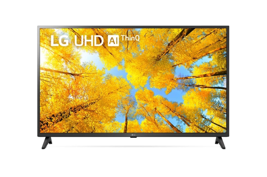 LG Smart TV LG UHD UQ75 I 43 pouces I 4k Processeur IA α5 Gen5 I ThinQ AI I Magic Remote, HDR, WebOS, Vue avant du téléviseur UHD de LG avec image de remplissage et logo du produit, 43UQ75006LG
