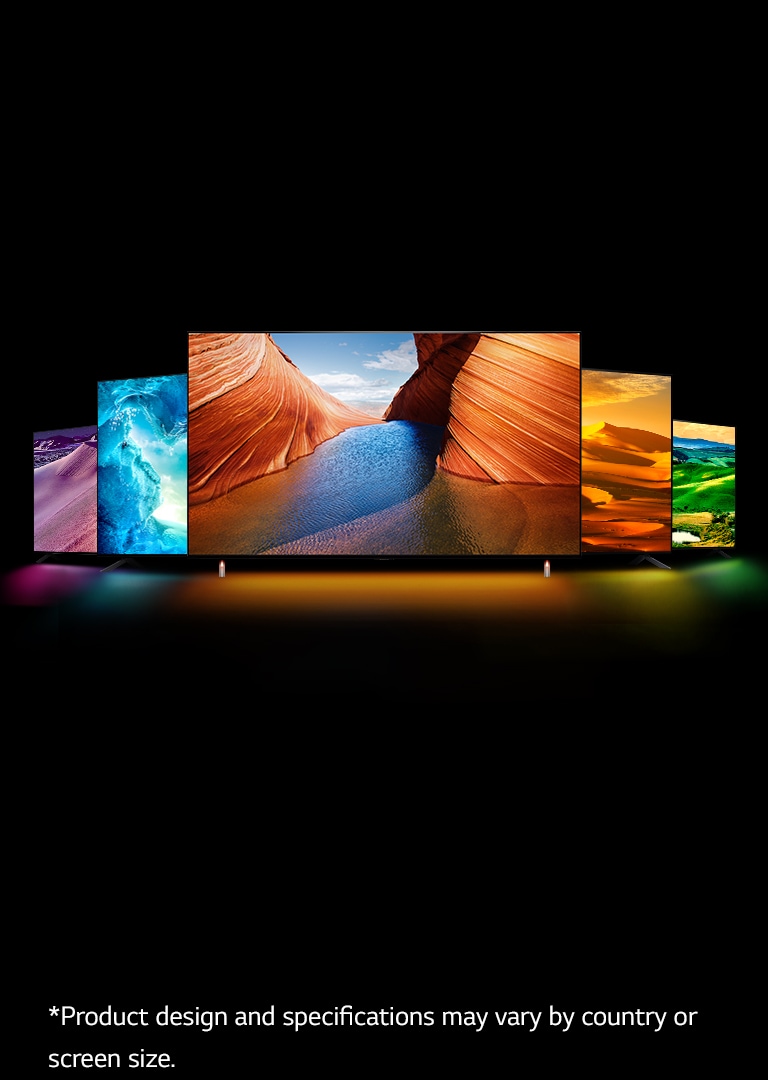 "There are five QNED TVs – one in the middle facing forward. Two are placed on the left side and two are placed on the right side. There is purple desert image at night on very left TV, blue icy cave on second left TV, orange-colored cliffs on blowhole facing each other on middle TV, bright yellow desert on right TV, and vast open green field on very right TV.  "