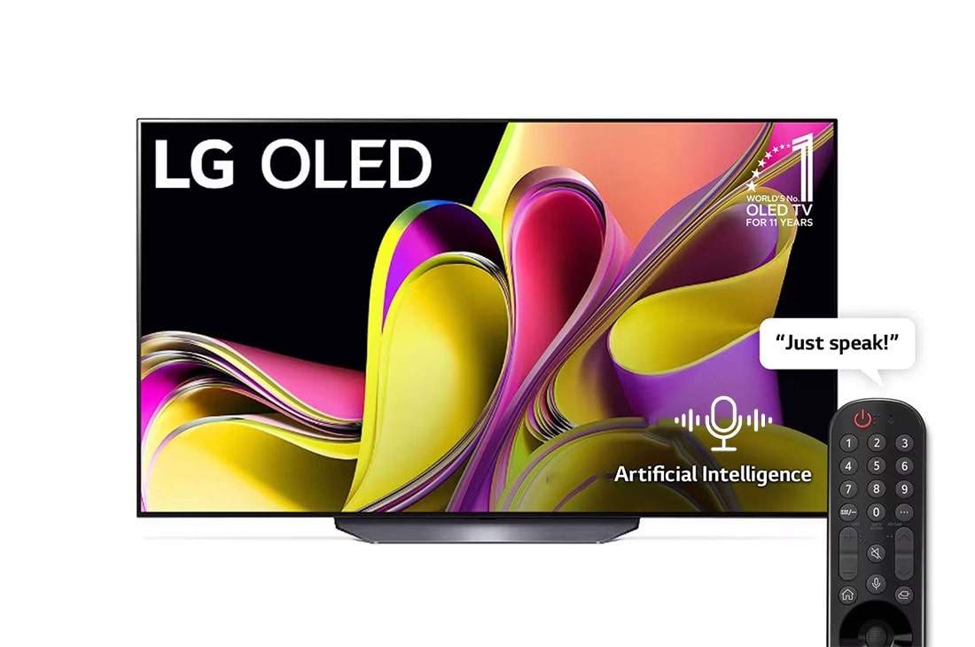 LG OLED 2023 | 77 Inch | B3 series| 4k Cinema HDR | AI Sound  Pro |  Magic Remote | Self-lit | Gamer Dashboard & Optimizer  | WebOS | Smart  AI ThinQ, Front view with LG OLED evo and 11 Years World No.1 OLED Emblem on screen., OLED77B36LA