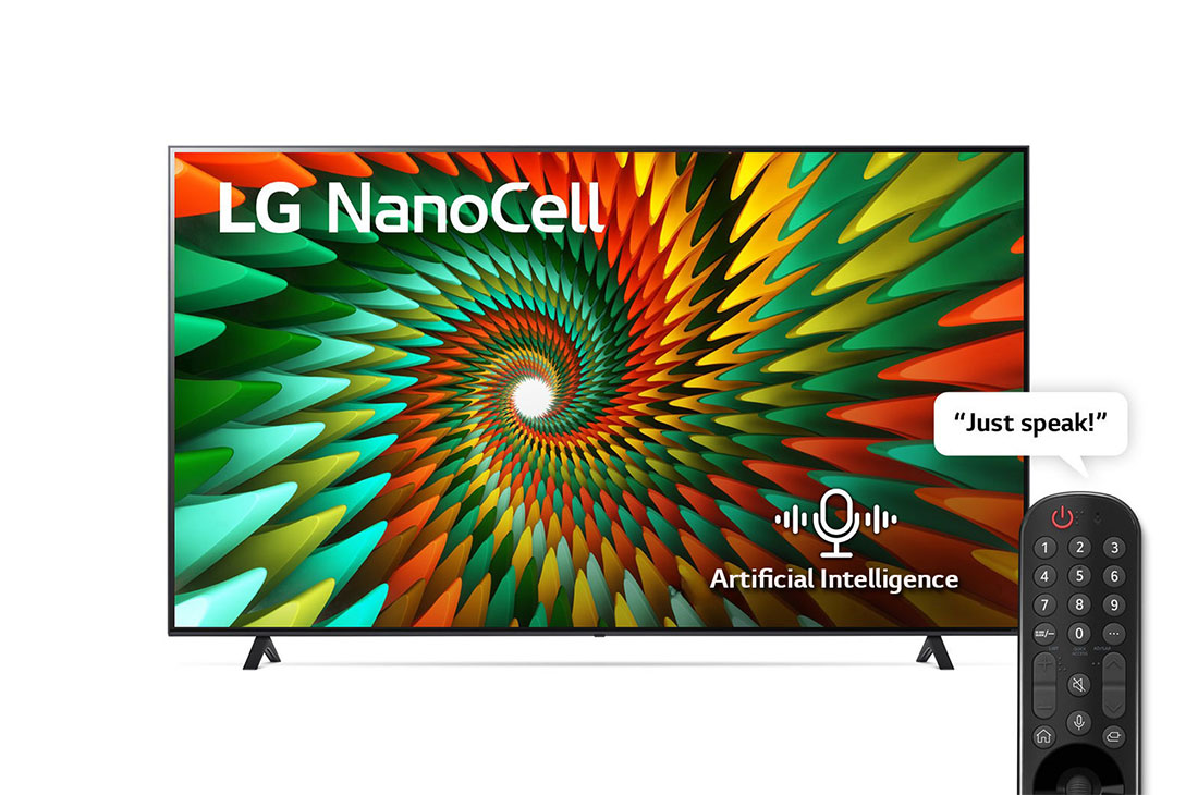 LG Nanocell TV 2023 | 75 Inch |  NANO77R series | WebOS | Smart AI ThinQ | Magic Remote | 3 side cinema | HDR10 |HLG | AI Sound Pro (5.1.2ch) | 2 Pole stand, A front view of the LG NanoCell TV, 50NANO776RA