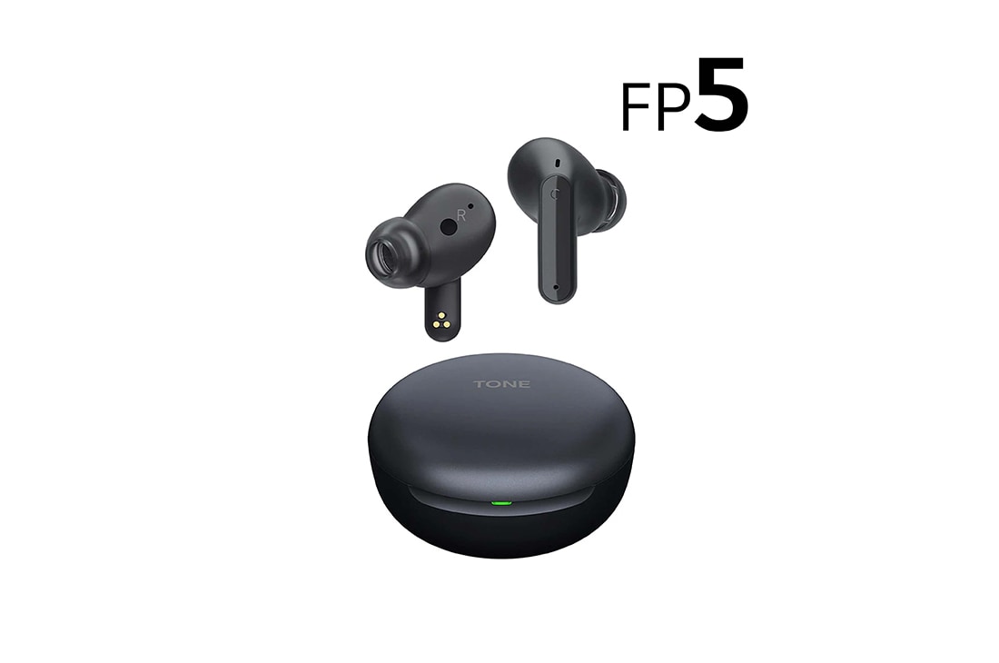 LG TONE Free FP5 - Audífonos Bluetooth con Cancelación de Ruido y Diseño Ergonómico -  Color Negro, Imagen con auriculares LG TONE Free flotando sobre una base de carga abierta., TONE-FP5