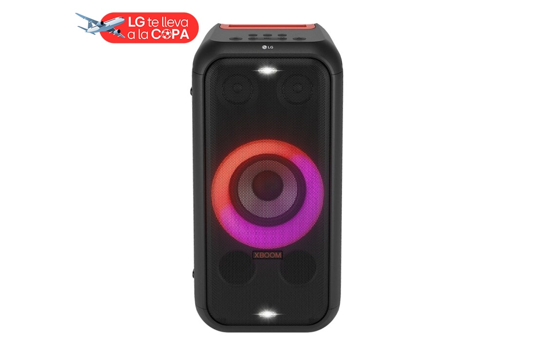 LG XBOOM XL5S Bocina portatil con bateria de hasta 12Hrs, LED RGB, entrada karaoke y guitarra, resistencia a salpicaduras, Power Bank., font view, XL5S