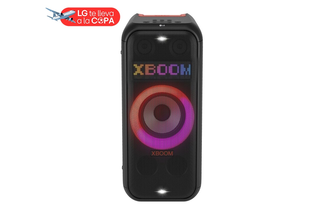 LG XBOOM XL7S, Bocina portátil con pantalla LED para textos personalizados, hasta 20 hrs de batería, resistencia a salpicaduras, Power Bank, Vista frontal con toda la iluminación encendida. En el panel de iluminación de píxeles dinámica, se muestra el texto: XBOOM., XL7S