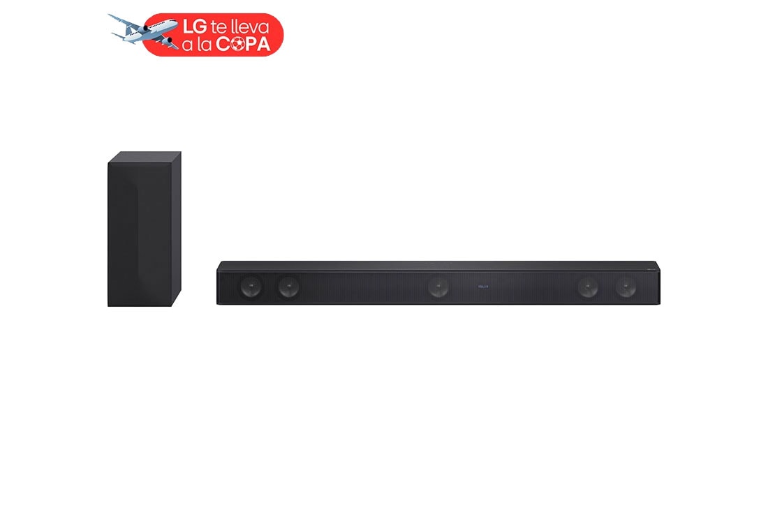 LG SH7Q 5.1 canales Barra de sonido con DTS Virtual:X, 800 watts máxima potencia para tu TV, Conectividad Bluetooth y Subwoofer inalámbrico, vista frontal con altavoz de subgraves, SH7Q