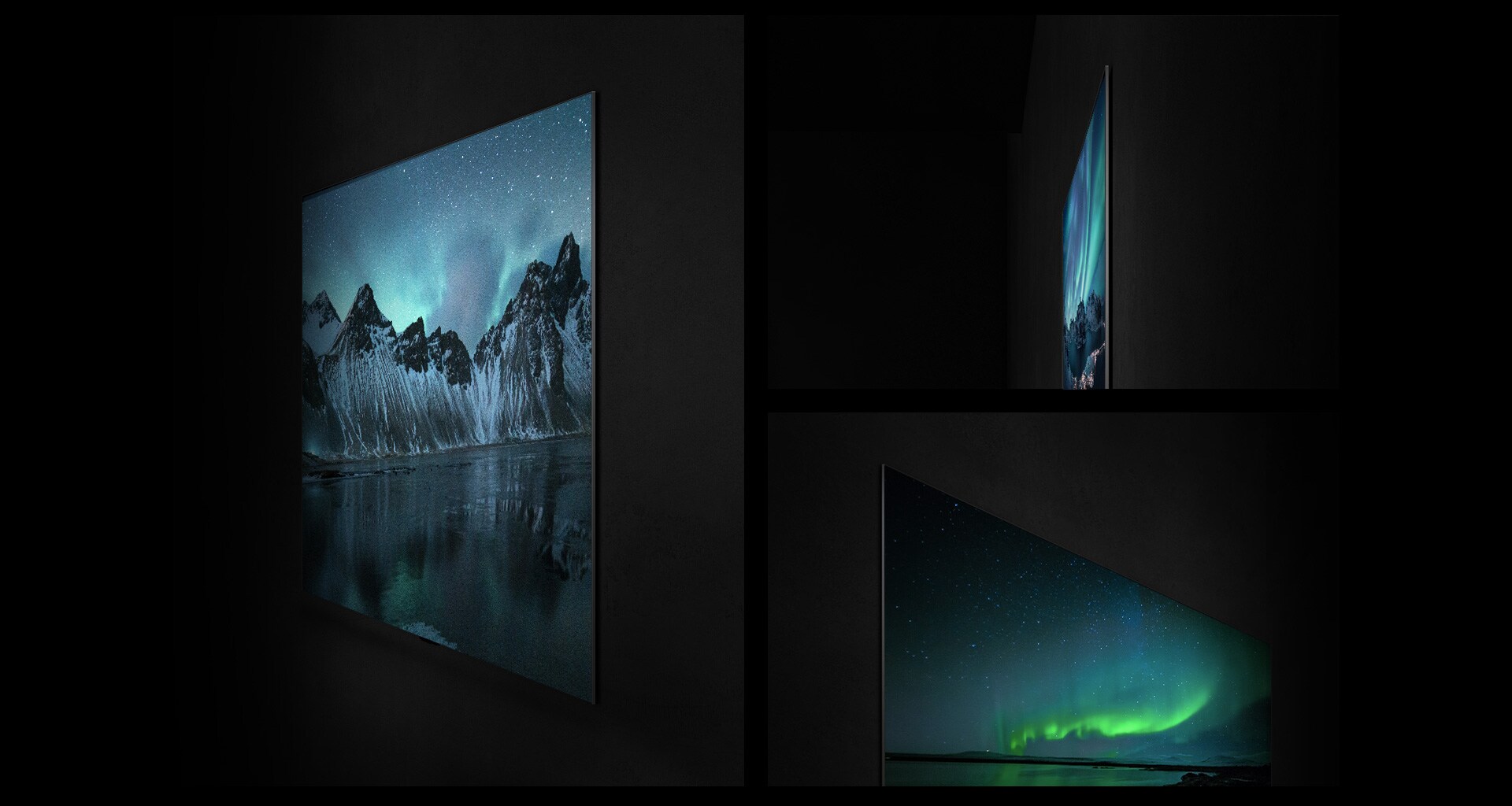 Se muestra un televisor LG OLED instalado en la pared desde varios ángulos que enfatizan el diseño Gallery y la parte posterior plana