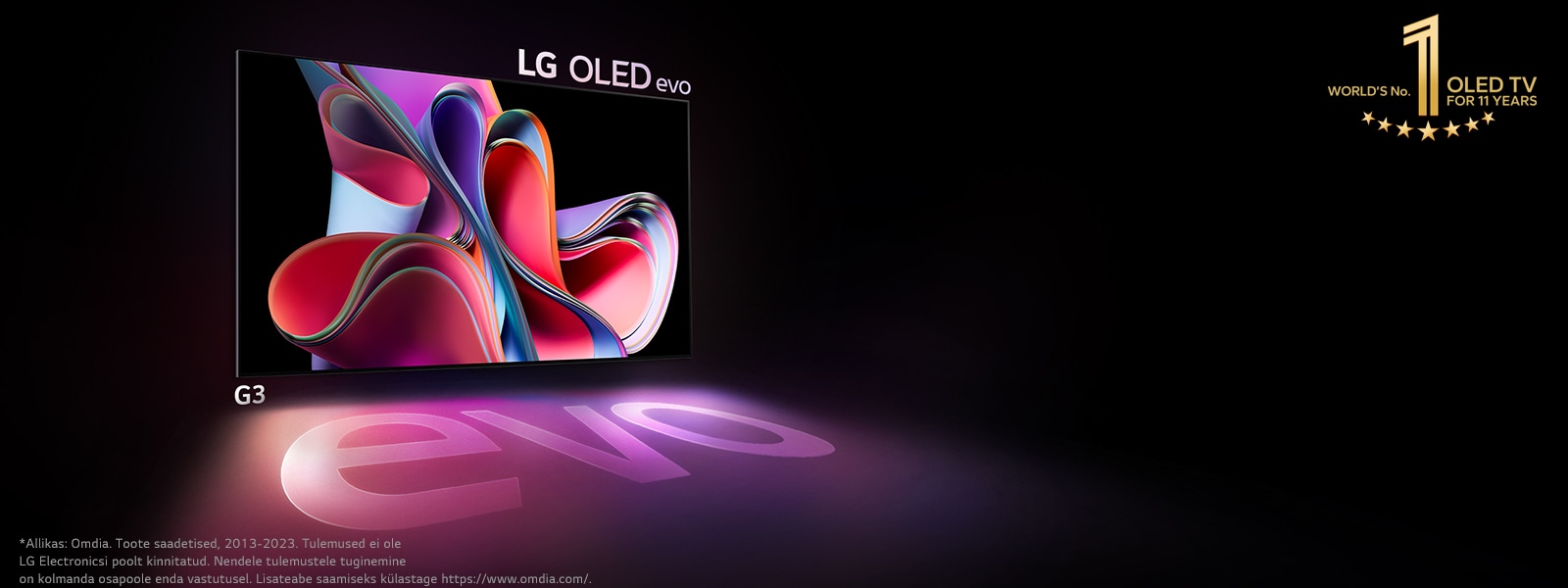 LG OLED kujutis mustal taustal, millel on erkroosa ja lilla abstraktne kunstiteos. Ekraan heidab värvilist varju, millel on sõna "evo". Kujutise vasakus ülanurgas on embleem "11 aastat maailma nr.1 OLED-telerit". 