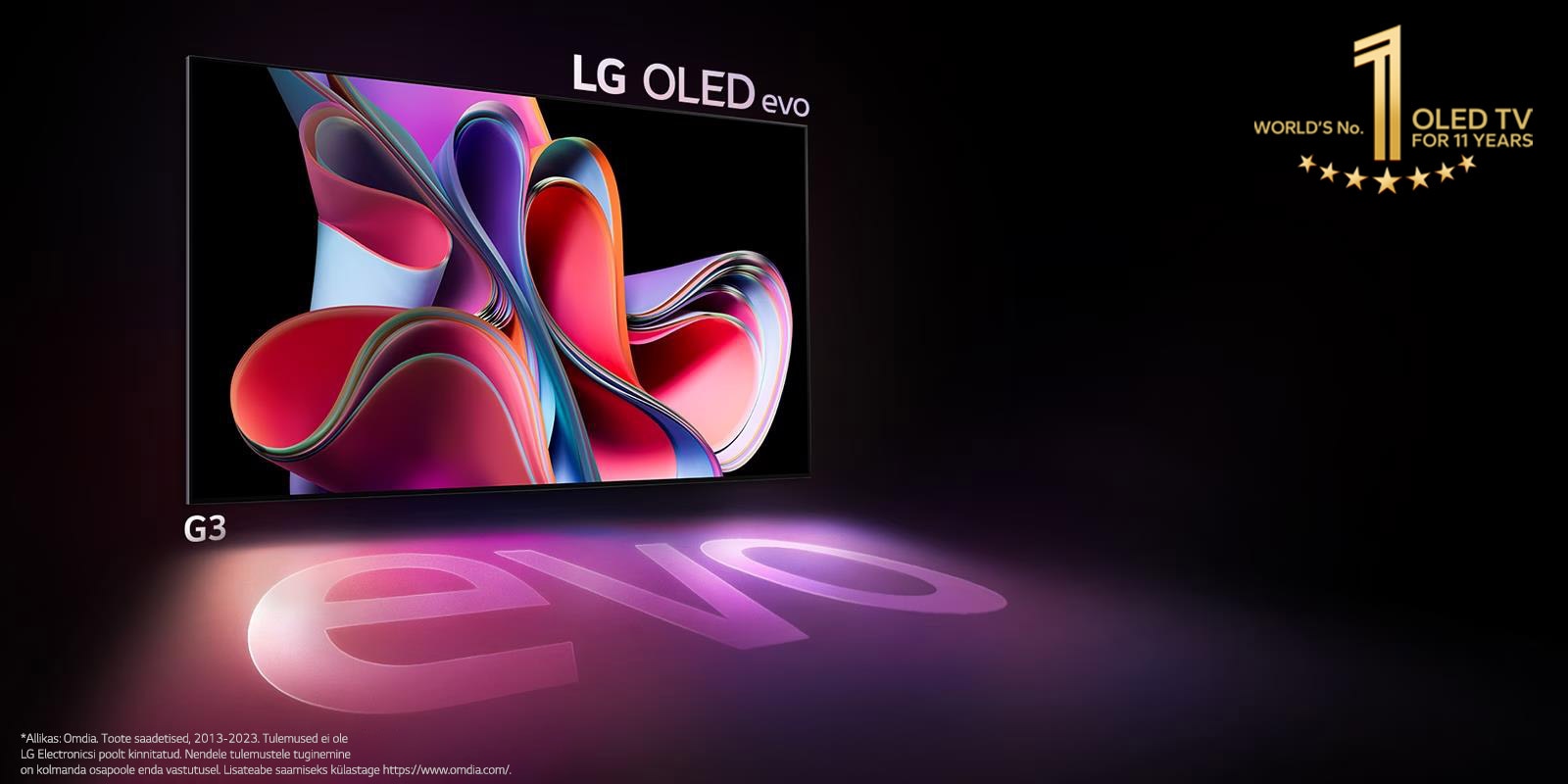 LG OLED kujutis mustal taustal, millel on erkroosa ja lilla abstraktne kunstiteos. Ekraan heidab värvilist varju, millel on sõna "evo". Kujutise vasakus ülanurgas on embleem "10 aastat maailma nr.1 OLED-telerit". 