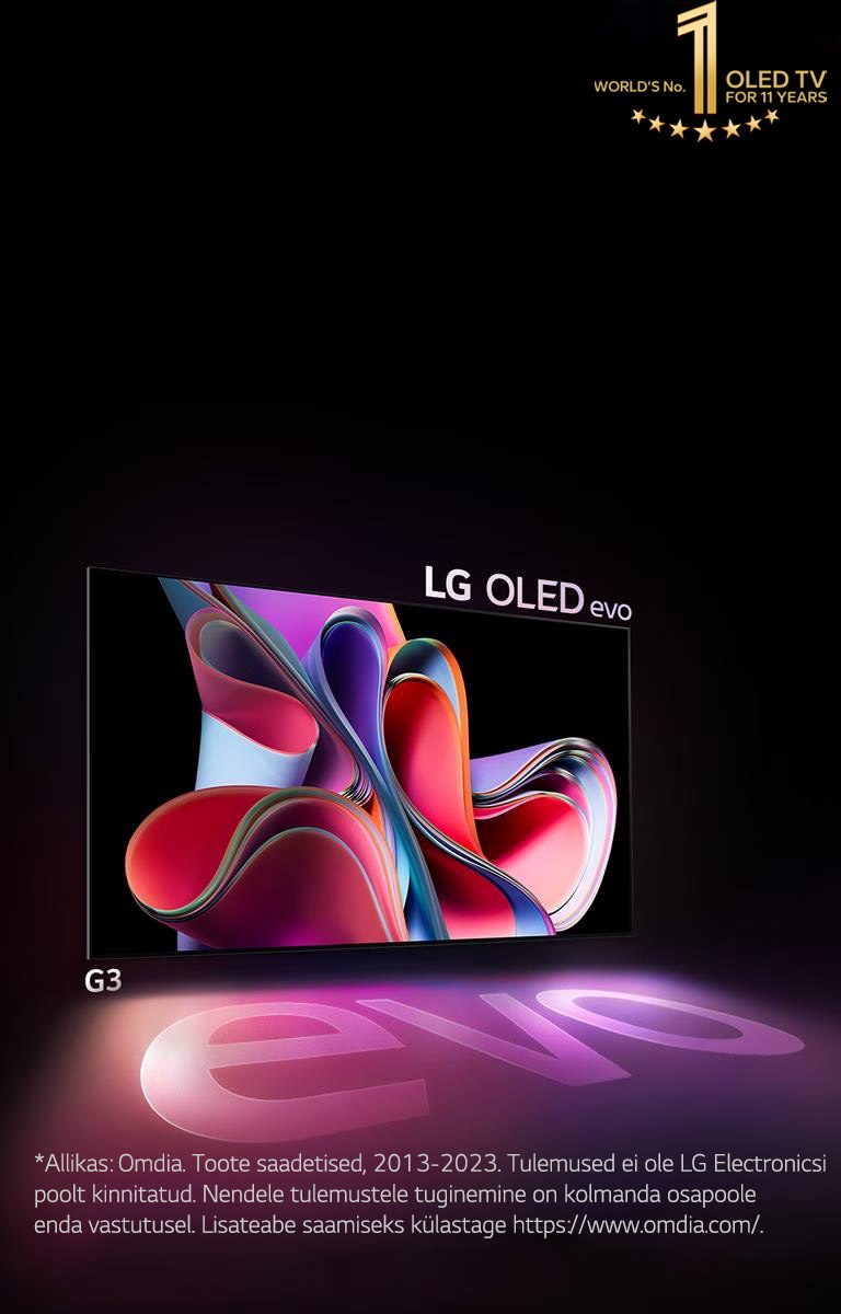 LG OLED kujutis mustal taustal, millel on erkroosa ja lilla abstraktne kunstiteos. Ekraan heidab värvilist varju, millel on sõna "evo". Kujutise vasakus ülanurgas on embleem "10 aastat maailma nr.1 OLED-telerit". 