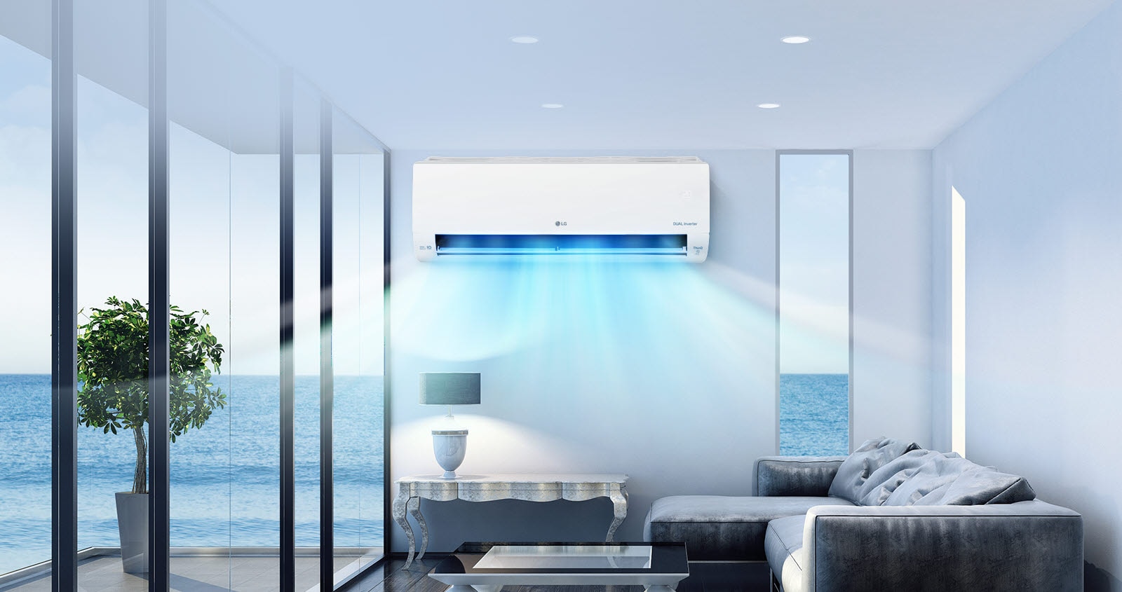 صورة يظهر بها مكيف الهواء في المنتصف مع وجود رياح زرقاء تهب على غرفة المعيشة في المقدمة.