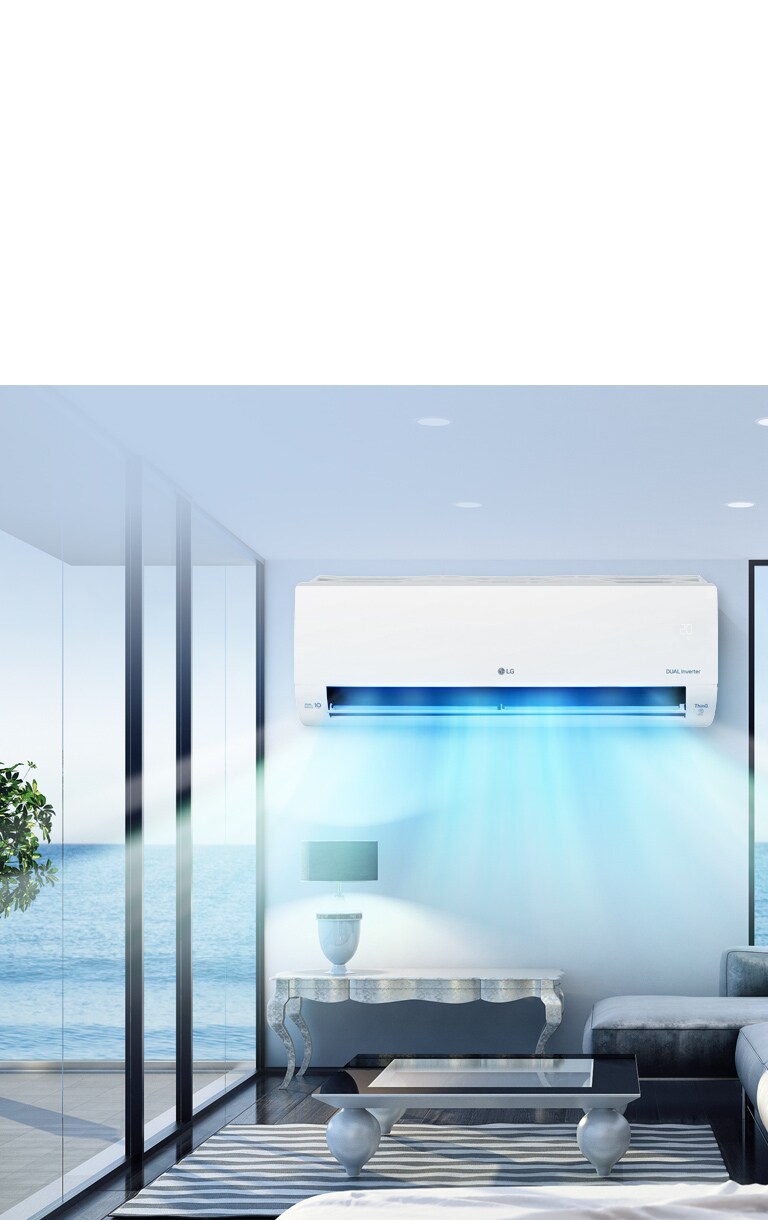 صورة يظهر بها مكيف الهواء في المنتصف مع وجود رياح زرقاء تهب على غرفة المعيشة في المقدمة.