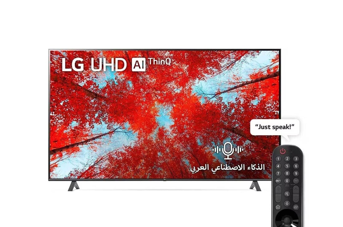 LG تلفزيون فائق الوضوح (UHD) من إل جي بدقة 4K مقاس 86 بوصة من السلسلة UQ9000، مع HDR (النطاق الديناميكي العالي) السينمائي لتصميمات شاشة السينما وتقنية AI ThinQ للتلفزيون الذكي بنظام التشغيل WebOS , منظر أمامي لتلفزيون UHD من LG مع صورة بملء الشاشة وشعار المنتج, 86UQ90006LC