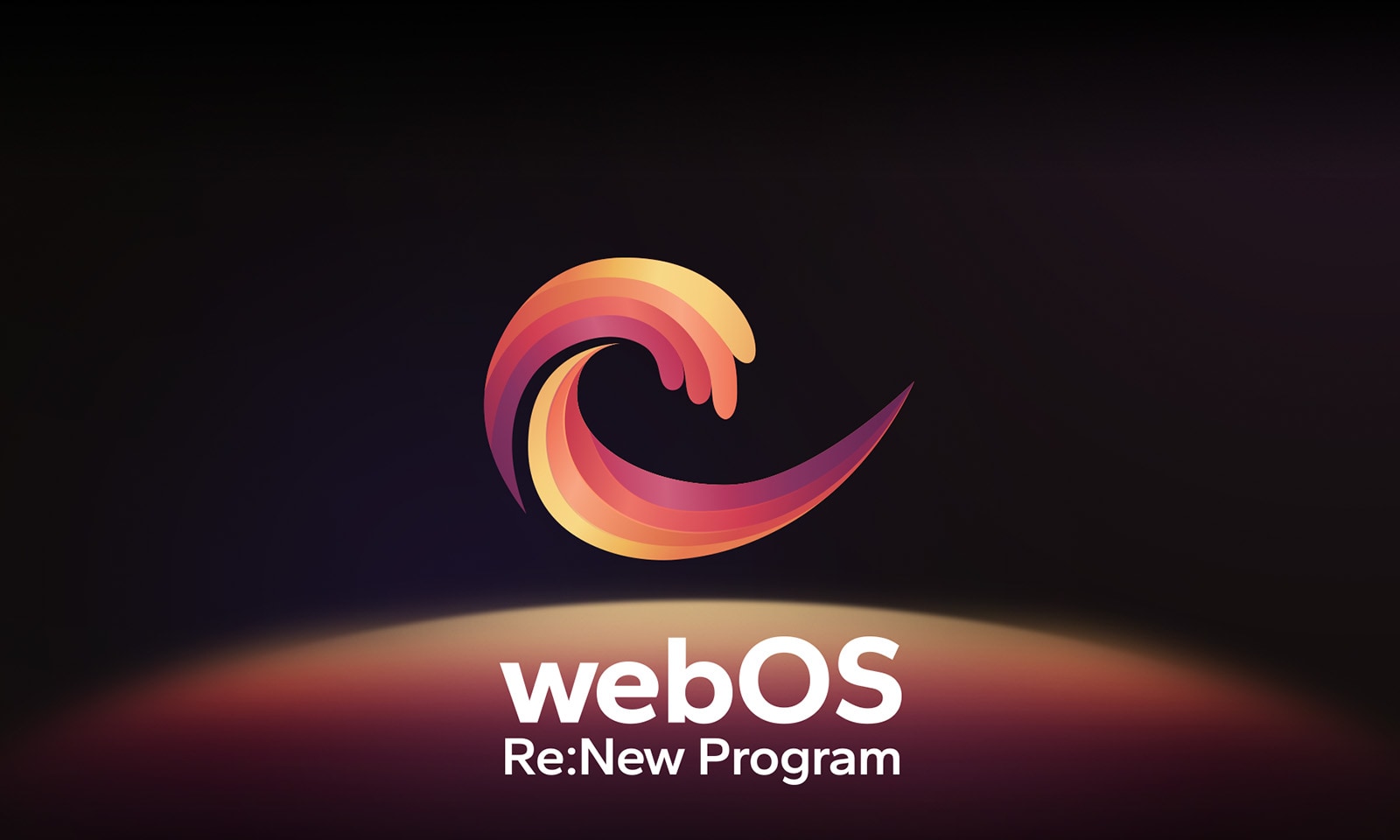 The webOS logo hovering in the center on a black background, and the space below is illuminated with the logo colors of red, orange, and yellow. The words "webOS Re:New Program" are below the logo.