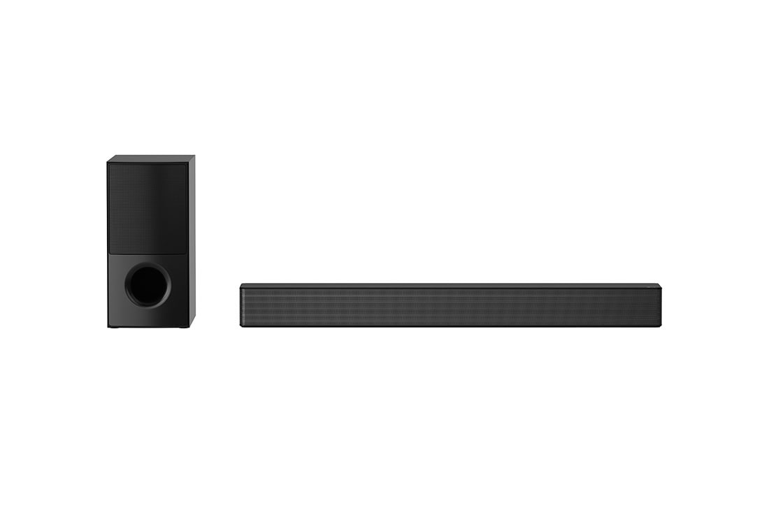 LG Sound Bar SNH5, 4.1ch, 600W with High Power Design, DTS Virtual:X (New), front view with sub woofer and rear up-firing speaker, SNH5