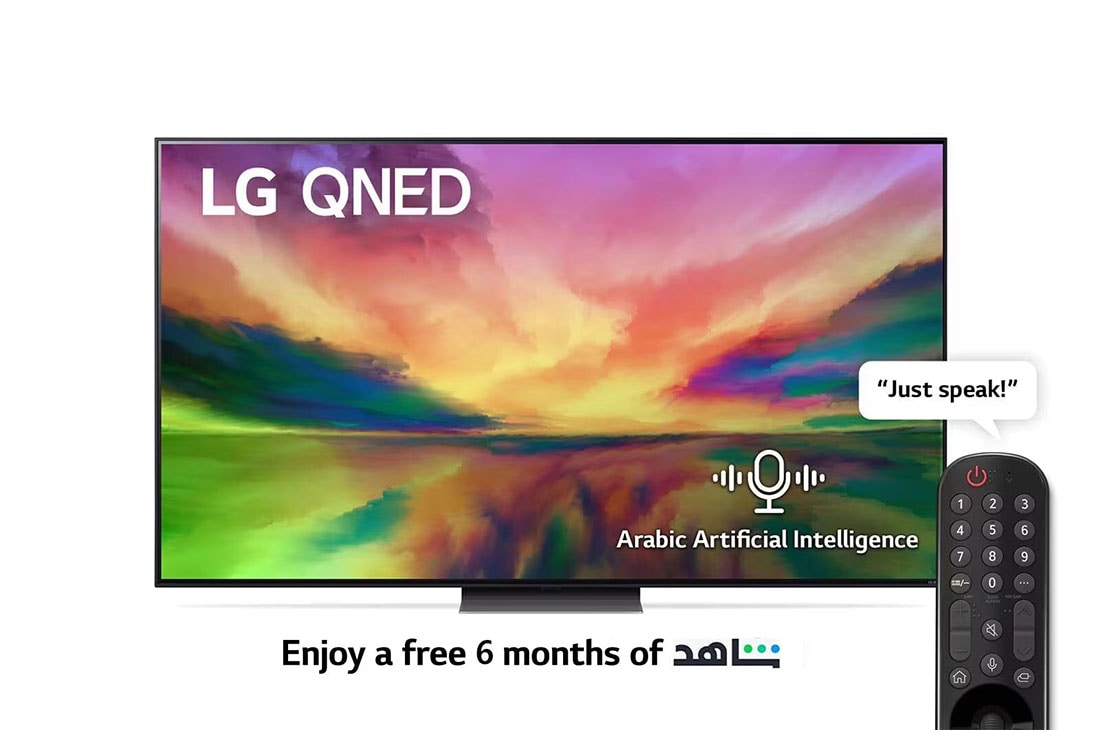 LG, Quantum Dot Nanocell Colour Technology QNED TV, 65 inch QNED81R series, WebOS Smart AI ThinQ, Magic Remote, 3 side cinema, HDR10, HLG, AI Picture Pro, AI Sound Pro (5.1.2ch), 1 pole stand, 2023 New, A front view of the LG QNED TV with infill image and product logo on, 65QNED816RA