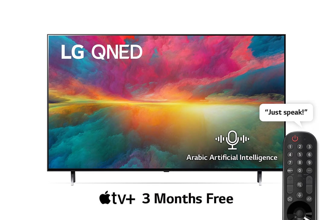 LG, Quantum Dot Nanocell Colour Technology QNED TV, 65 inch QNED75R series, WebOS Smart AI ThinQ, Magic Remote, 3 side cinema, HDR10, HLG, AI Sound Pro (5.1.2ch), 2 Pole stand, 2023 New, A front view of the LG QNED TV with infill image and product logo on, 65QNED756RB