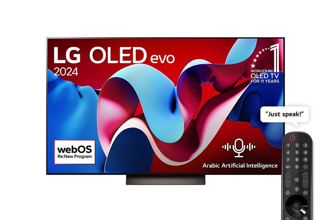 LG 77 Inch LG OLED evo C4 4K Smart TV AI Magic remote Dolby Vision webOS24 - OLED77C46LA (2024), Front view with LG OLED evo TV, OLED C4, 11 Years of world number 1 OLED Emblem logo and webOS Re:New Program logo on screen, OLED77C46LA
