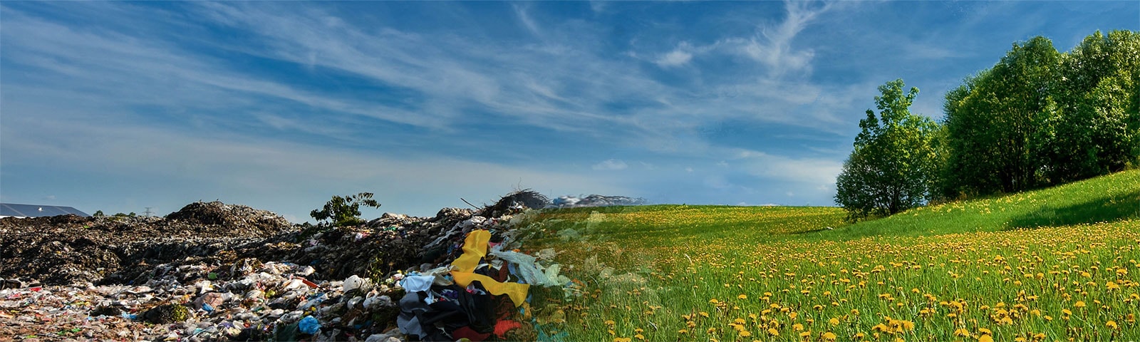 Image of two contrasting scenes : textile landfill and field with full of flowers.