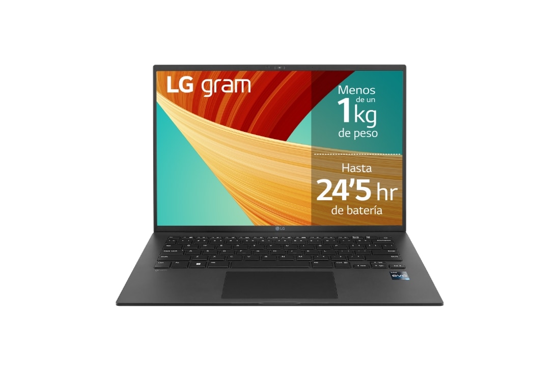 LG gram 14Z90R/ Windows 11 Pro/ i7/ 16GB/ 512GB SSD/ 1Kg/ 24,5h, 14Z90R-G.AP75B vista frontal, 14Z90R-G.AP75B
