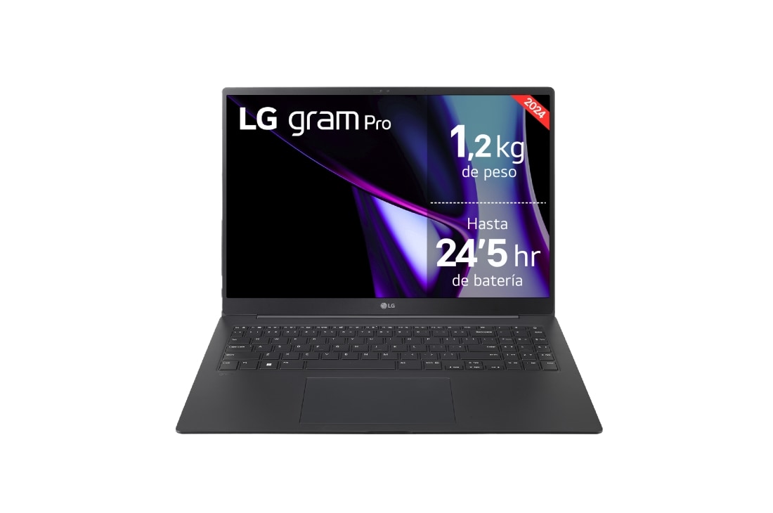 LG gram Pro 16Z90SP Windows 11 Home/ Intel Core Ultra 7/  32GB/ 512GB SSD/ RTX 3050/ 1,2Kg/ 24,5h, 16Z90SP-A.AD75B vista frontal, 16Z90SP-A.AD75B