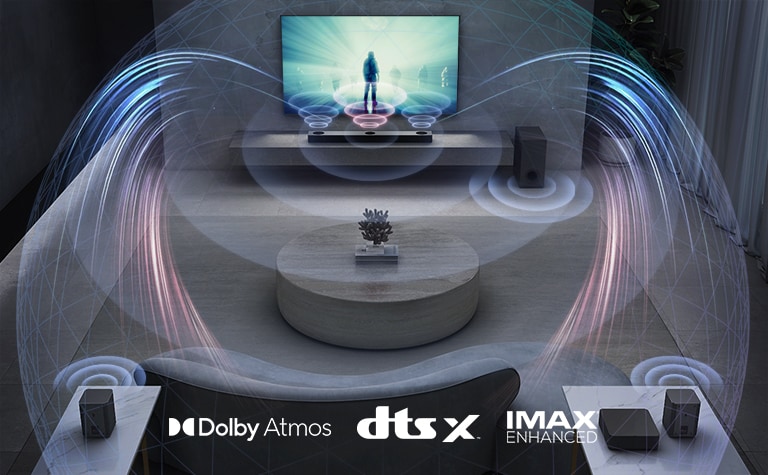 LG:n televisio on olohuoneen seinällä. Elokuvaa toistetaan televisioruudussa. LG Sound Bar on TV:n alapuolella oikealla harmaalla hyllyllä ja alibassokaiutin on vieressä oikealla. Kaksi takakaiutinta on olohuoneen takaosassa. Äänitehostegrafiikka tulee ulos jokaisesta kaiuttimesta. Dolby Atmos ja DTS:X, IMAX Enhanced -logo kuvan alhaalla keskellä.
