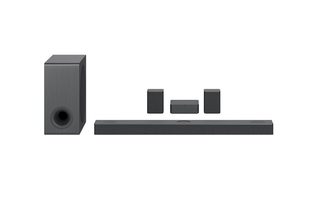 LG Soundbar S80QR, Etunäkymä alabassokaiuttimesta ja takakaiuttimista, S80QR