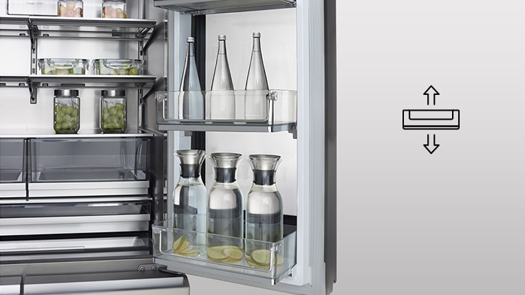 LG SIGNATURE -jääkaapin instaview-oven Door-in-Door-hyllyt on täytetty erikokoisilla pulloilla.