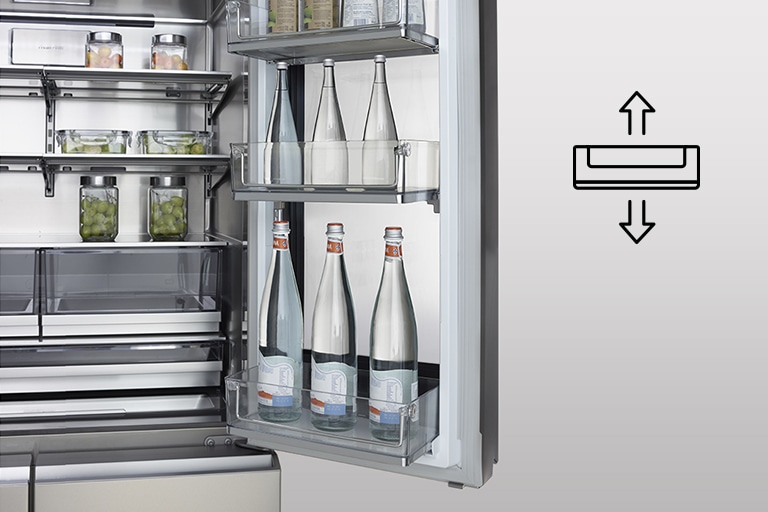 LG SIGNATURE -jääkaapin instaview-oven Door-in-Door-hyllyt on täytetty erikokoisilla pulloilla.