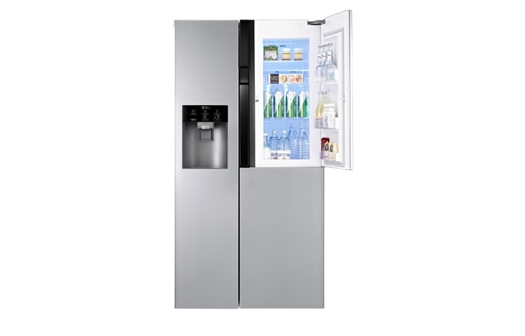 LG Side-by-side kaappi, jossa uusi ovi-ovessa, sekä non-plumbing jääpalakone (netto tilavuus 614 litraa)., GS9366NSDZ