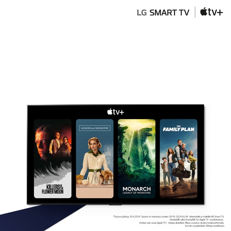 Kuva LG OLED -televisiosta. Näytöllä näkyy Apple TV+:n sisältöä ja otsikko kuuluu ”Hanki maksuton Apple TV+ kolmeksi kuukaudeksi LG Smart -televisioon.”