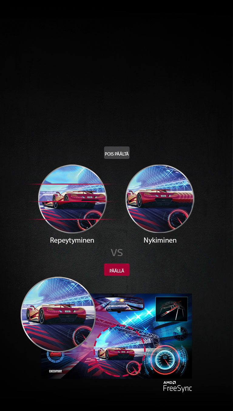 näyttö, jossa repeytymistä ja nykimistä ilman FreeSyncia vs selkeä näyttö, jossa on AMD FreeSync™