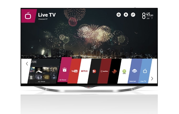 LG Ensiluokkainen Ultra HD -televisio sisäänrakennetuilla 35 watin kaiuttimilla. Siinä on myös webOS Smart TV -toiminto Premium-sisällöllä, 3D, Wi-Fi, DLNA ja Magic Remote -kaukosäädin., 55UB950V