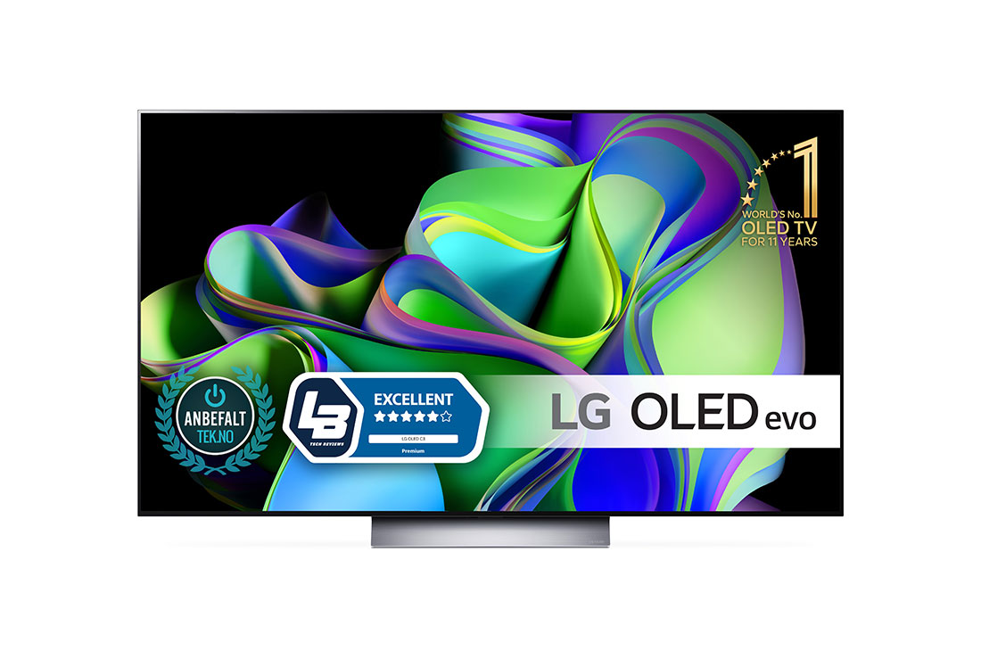 LG 55'' OLED evo C3 - 4K TV (2023), Näkymä edestä: LG OLED evo ja näytöllä 11 Years World No.1 OLED -merkki., OLED55C36LC