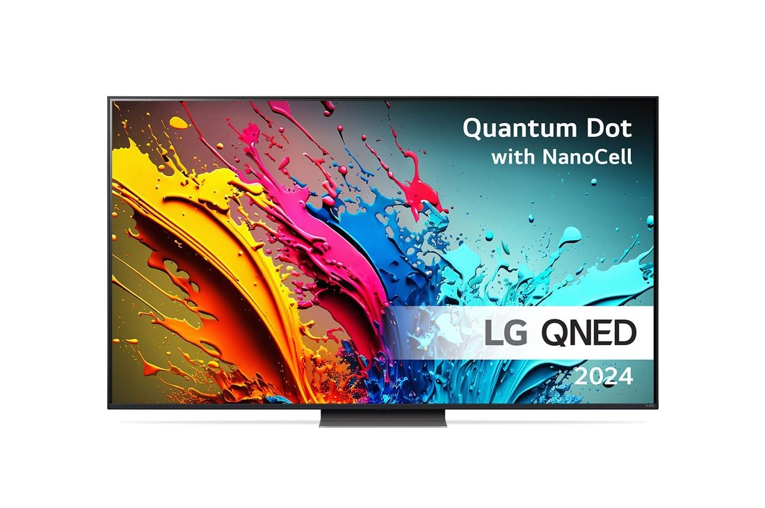 LG 65'' QNED 87 - 4K Smart TV (2024), LG QNED TV:n etunäkymä, QNED86 ja teksti LG QNED, Quantum Dot ja NanoCell sekä 2024 näytöllä, 65QNED87T6B