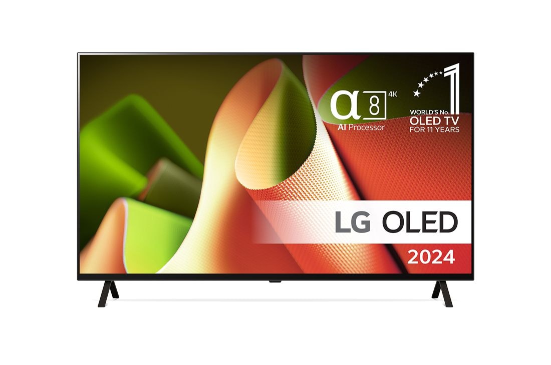 LG 65'' OLED B4 - 4K TV (2024), Edestäpäin katsottuna LG OLED TV, OLED B4, 11 Years of World Number 1 OLED Emblem ja alpha 8 4K AI processor logo., OLED65B46LA