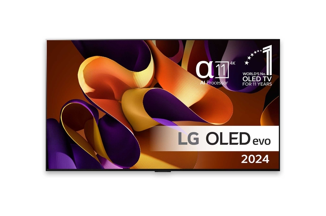 LG 55'' OLED evo G4 - 4K TV (2024), Edestäpäin katsottuna LG OLED evo TV, OLED G4, 11 Years of world number 1 OLED Emblem ja alpha 11 4K AI -prosessorin logo., OLED55G45LW