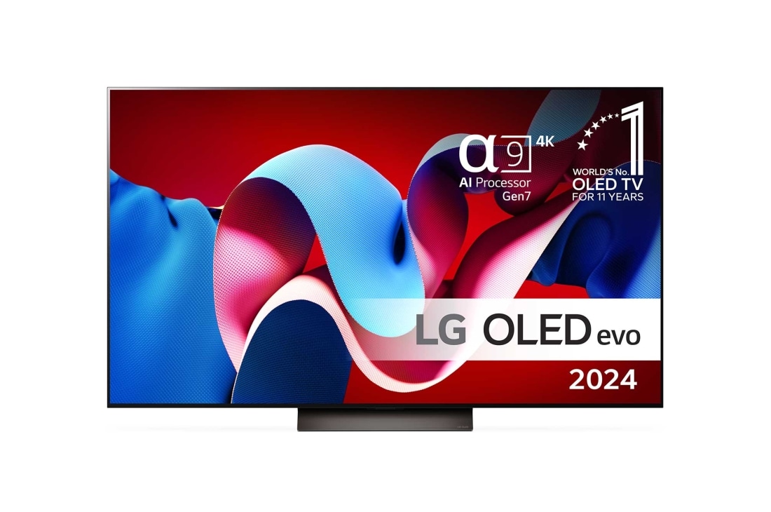 LG 65'' OLED evo C4 - 4K TV (2024), Edestäpäin katsottuna LG OLED evo TV, OLED C4, 11 Years of World Number 1 OLED Emblem ja alpha 9 4K AI processor Gen7 logo., OLED65C44LA