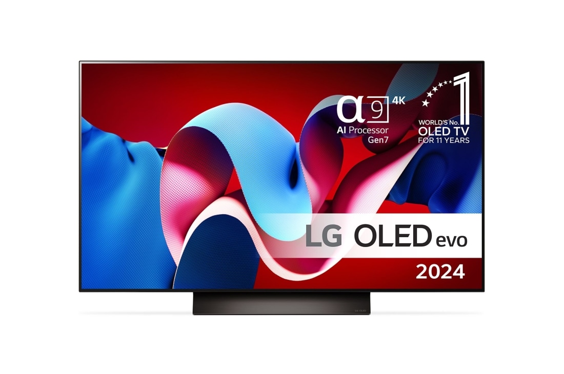 LG 48'' OLED evo C4 - 4K TV (2024), Edestäpäin katsottuna LG OLED evo TV, OLED C4, 11 Years of World Number 1 OLED Emblem ja alpha 9 4K AI processor Gen7 logo., OLED48C44LA