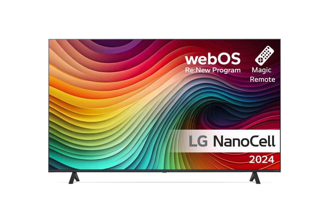 LG 55'' NANO 81 - NanoCell 4K Smart TV (2024), LG NanoCell TV:n etunäkymä, NANO81, jossa on teksti LG NanoCell, 2024, webOS Re:New Program -logo ja Magic Remote -kaukosäädin näytöllä, 55NANO81T6A