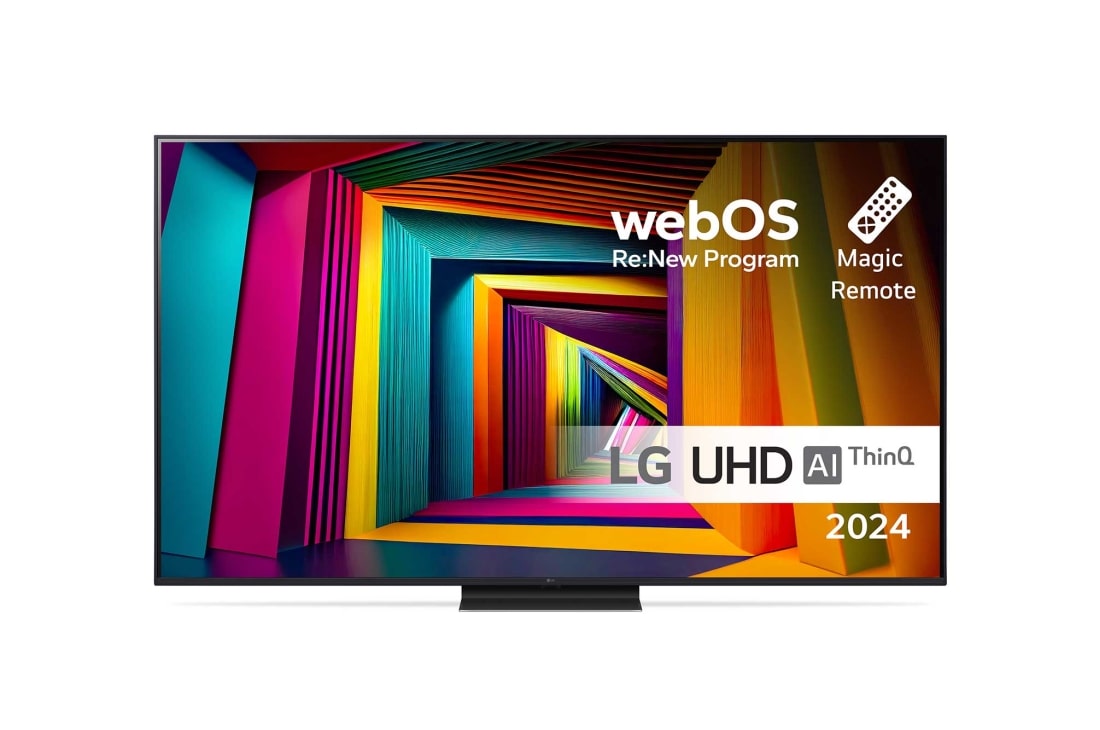 LG 65'' UHD UT91 - 4K TV (2024), Edestä otettu kuva LG UHD TV, UT91 -televisiosta ja teksti LG UHD AI ThinQ, 2024 sekä webOS Re:New Program -logo näytöllä, 65UT91006LA