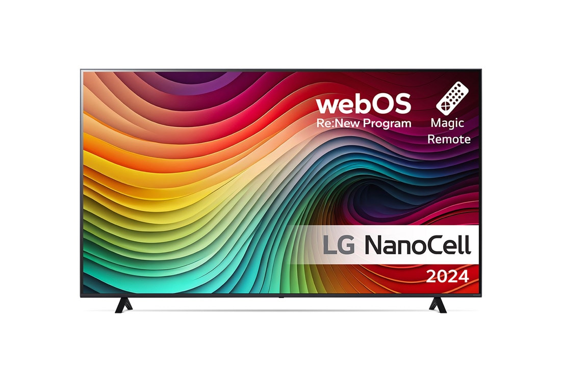 LG 75'' NANO 81 - NanoCell 4K Smart TV (2024), LG NanoCell TV:n etunäkymä, NANO81, jossa on teksti LG NanoCell, 2024, webOS Re:New Program -logo ja Magic Remote -kaukosäädin näytöllä, 75NANO81T6A
