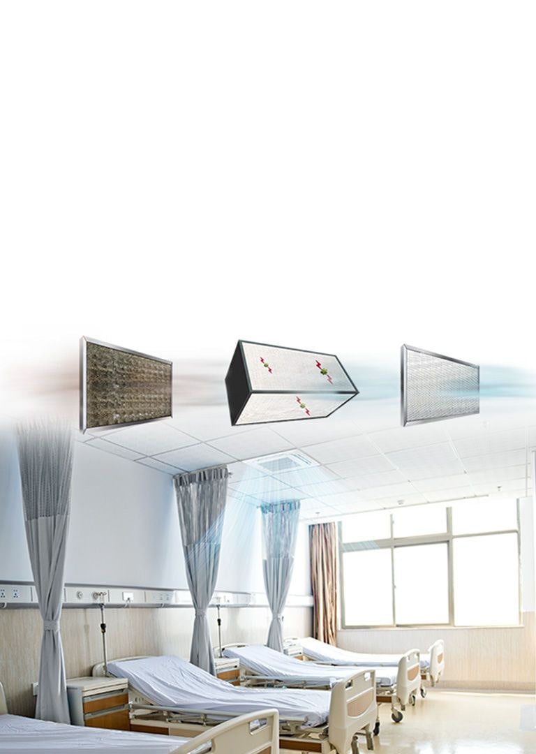 Ceiling mounted unit creates air streams in a patient room with three beds and curtains. Three separate components at the top display air filtering process. 