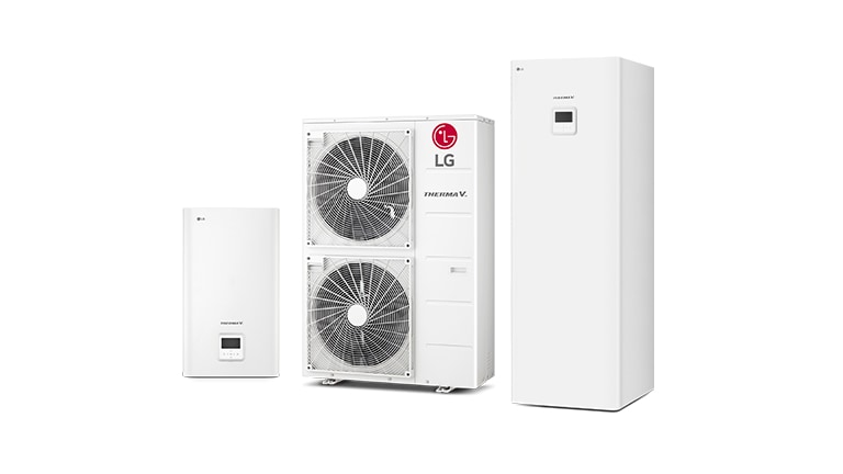 LG THERMA V Hydrosplit units line up. The Hydro box and Integrated water tank are on the left and right, and the outdoor unit is at the center.