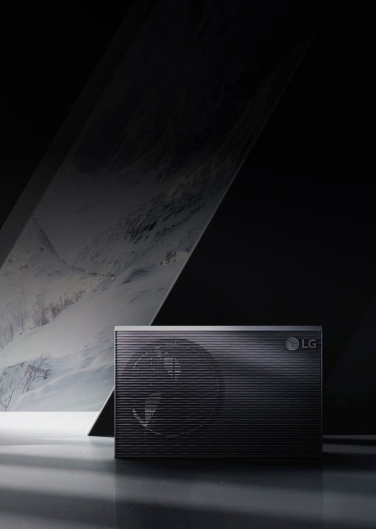 A black LG THERMA V  product is placed in front of the snow mountain screen.