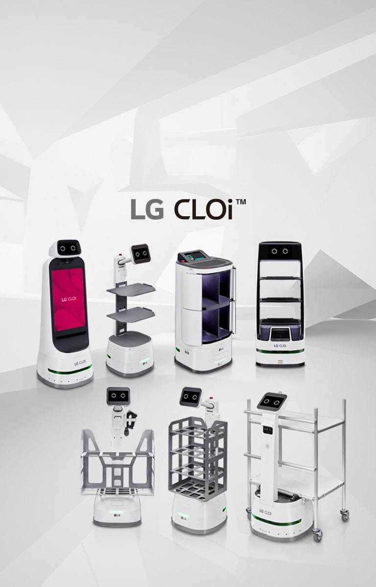 Product images of GuideBot, ServeBot, and CarryBot from the LG CLOi robot family.