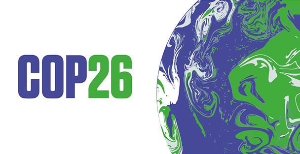 A COP26 logo with a stylized, animated Earth.