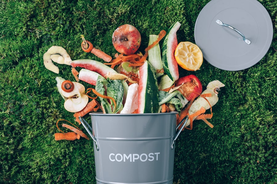 A silver bucket with 'COMPOST' written on it, lying on the ground with fruit and vegetable food waste spilling out onto grass