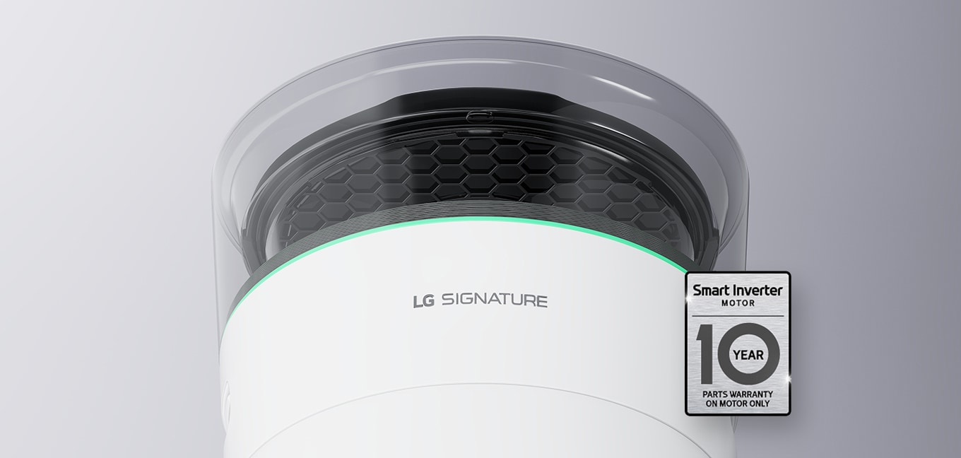 A 10-year warranty label imposed over a close-up picture of the side of the Air Purifier showing the LG SIGNATURE logo.