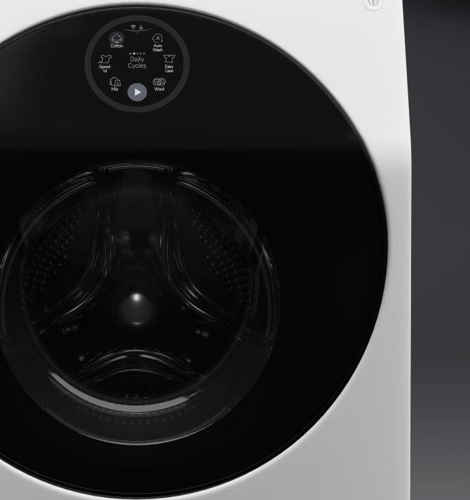 A close up image of the sleek black door of the LG Signature Washing Machine.