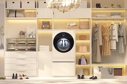 Two iconic LG SIGNATURE appliances complement an elegant dressing room.